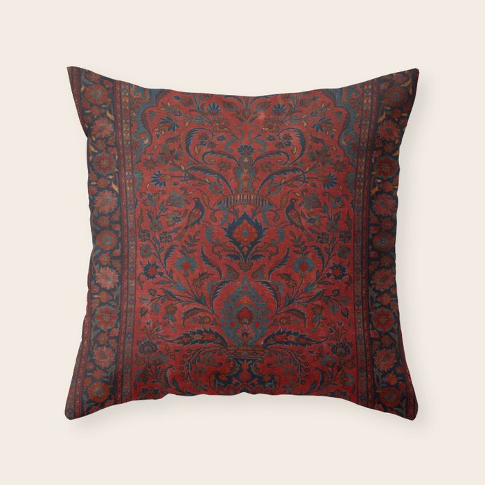 Antique Crimson Manchester Kashan Floral Persian Rug Print Throw Pillow Gallery Image 1
