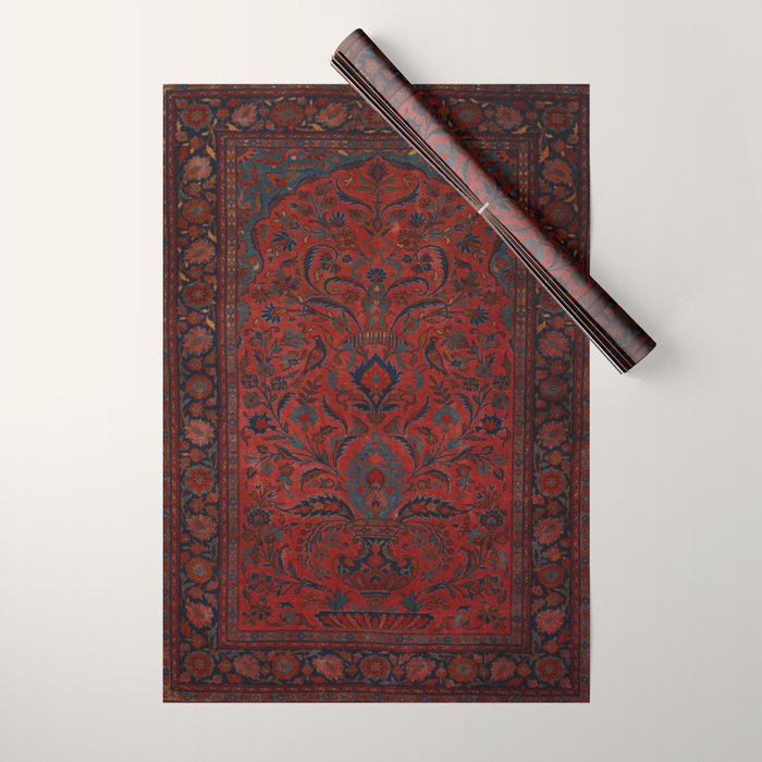 Antique Crimson Manchester Kashan Floral Persian Rug Print Wrapping Paper Gallery Image 1