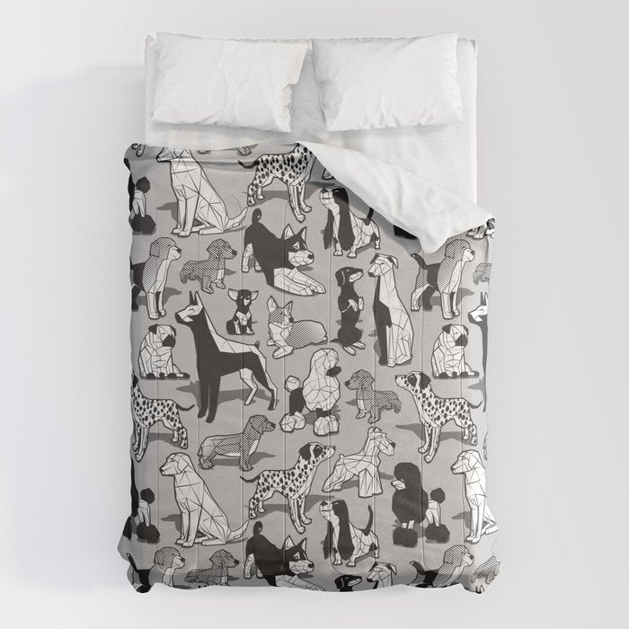Geometric sweet wet noses // grey background black and white dogs Comforter Gallery Image 1
