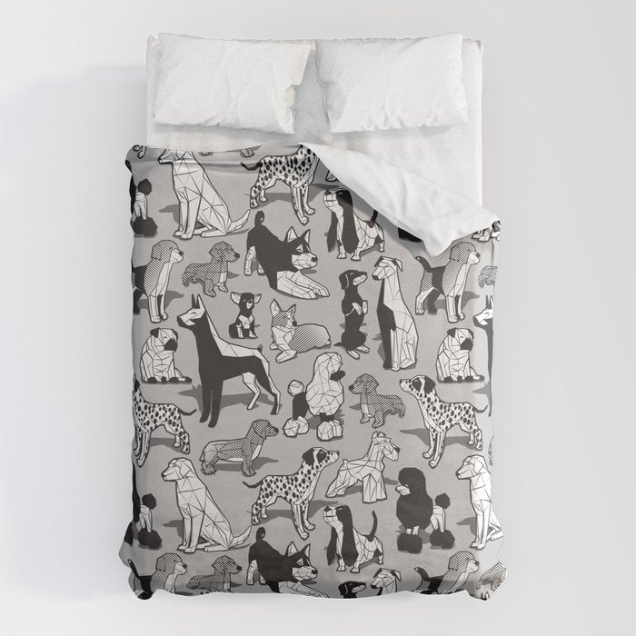 Geometric sweet wet noses // grey background black and white dogs Duvet Cover Gallery Image 6