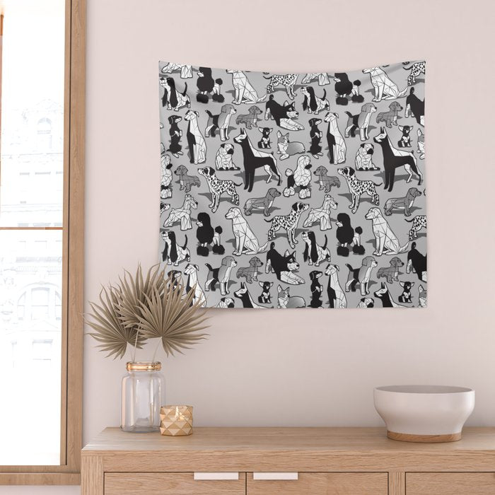 Geometric sweet wet noses // grey background black and white dogs Wall Tapestry Gallery Image 2