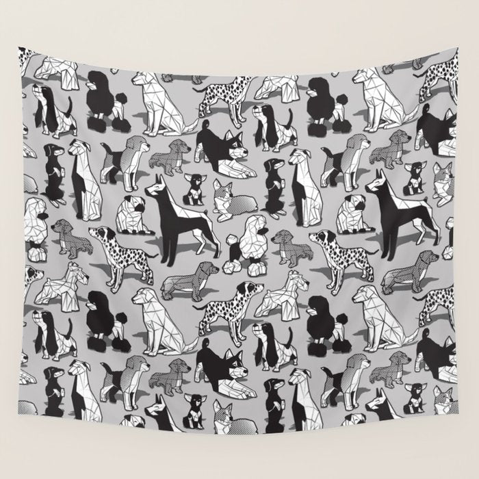 Geometric sweet wet noses // grey background black and white dogs Wall Tapestry Gallery Image 1