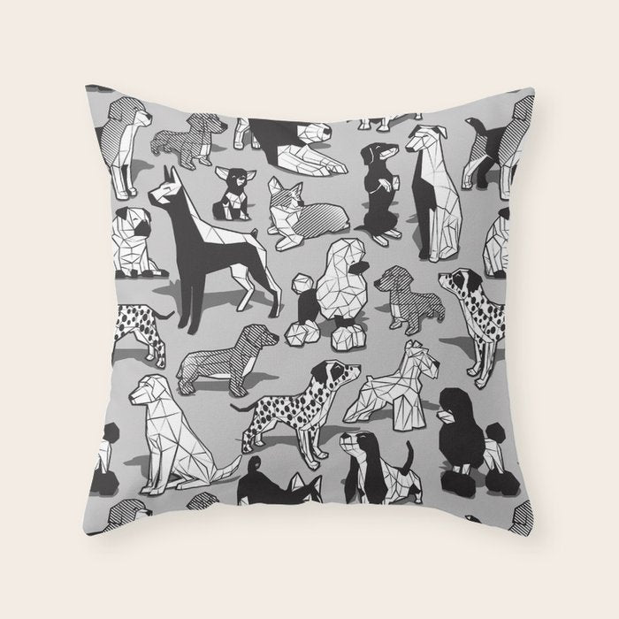 Geometric sweet wet noses // grey background black and white dogs Throw Pillow Gallery Image 2