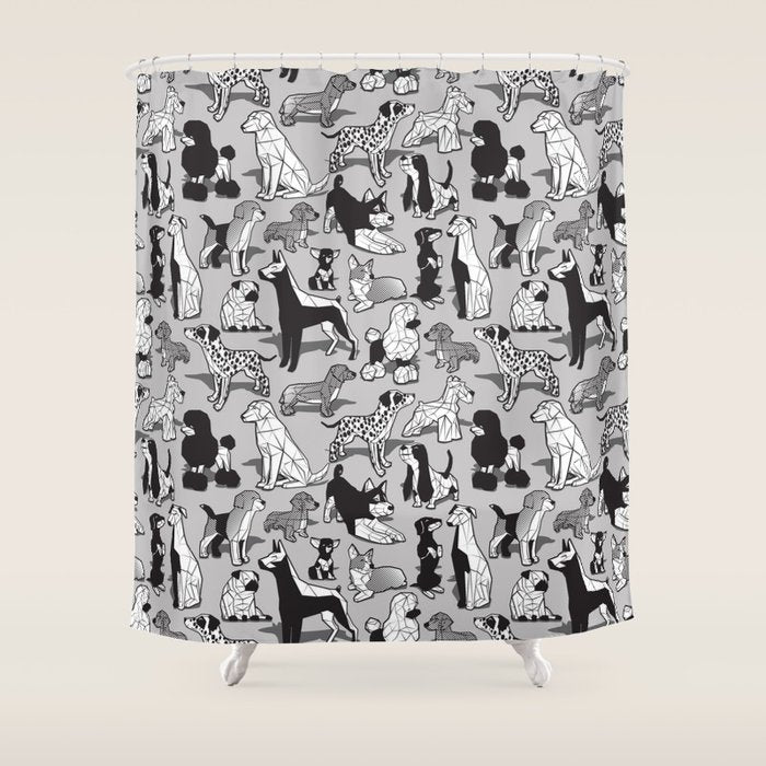 Geometric sweet wet noses // grey background black and white dogs Shower Curtain Gallery Image 1