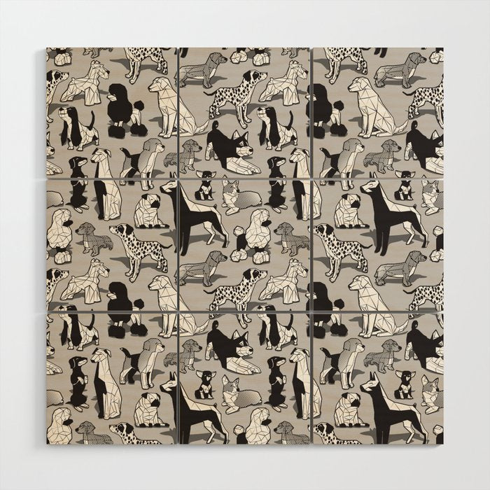 Geometric sweet wet noses // grey background black and white dogs Wood Wall Art Gallery Image 1