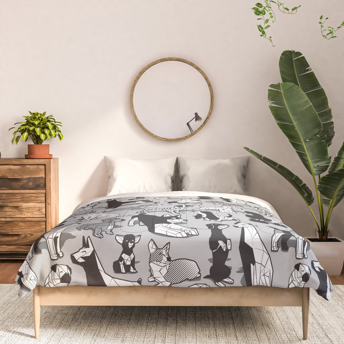 Geometric sweet wet noses // grey background black and white dogs Comforter Gallery Image 3