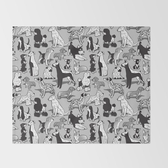 Geometric sweet wet noses // grey background black and white dogs Throw Blanket Gallery Image 2