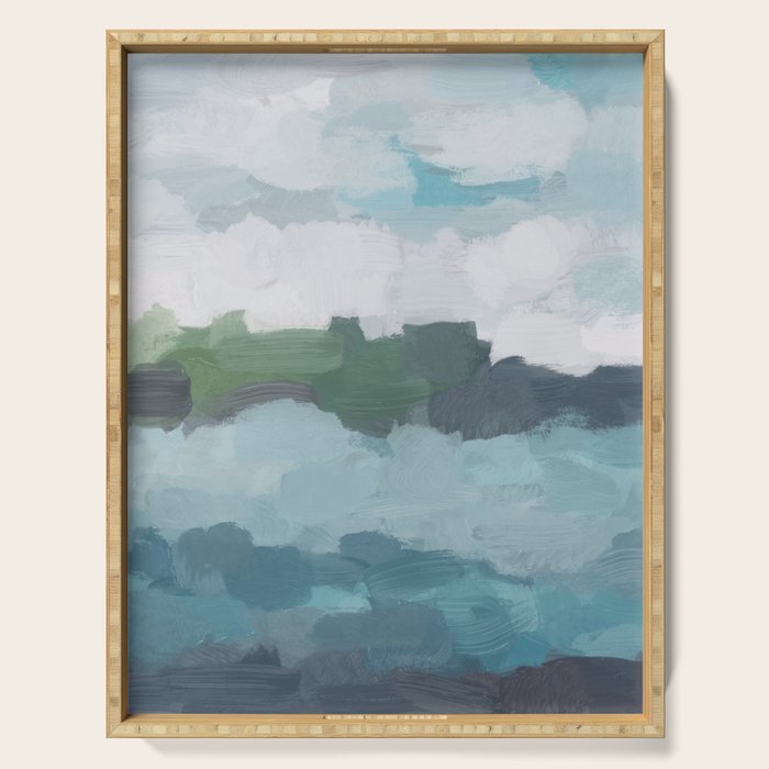 Island in the Distance II - Aqua Blue Green Navy Ocean Horizon Abstract Nature Coastal Painting Art Serving Tray Gallery Image 1