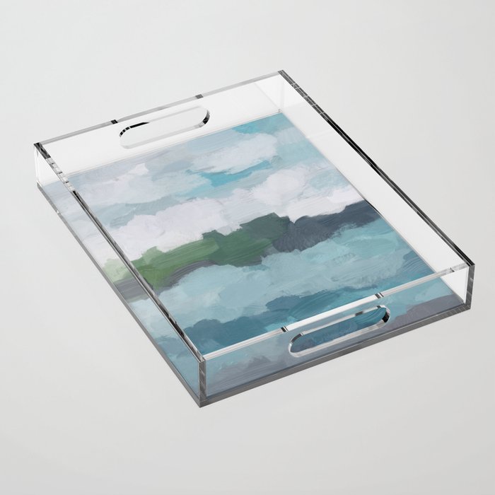 Island in the Distance II - Aqua Blue Green Navy Ocean Horizon Abstract Nature Coastal Painting Art Acrylic Tray Gallery Image 1