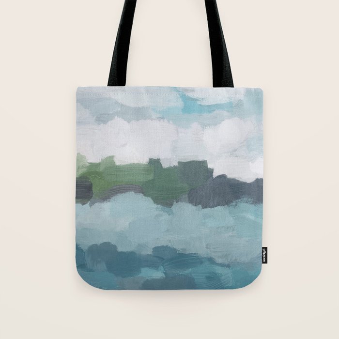 Island in the Distance II - Aqua Blue Green Navy Ocean Horizon Abstract Nature Coastal Painting Art Tote Bag Gallery Image 1