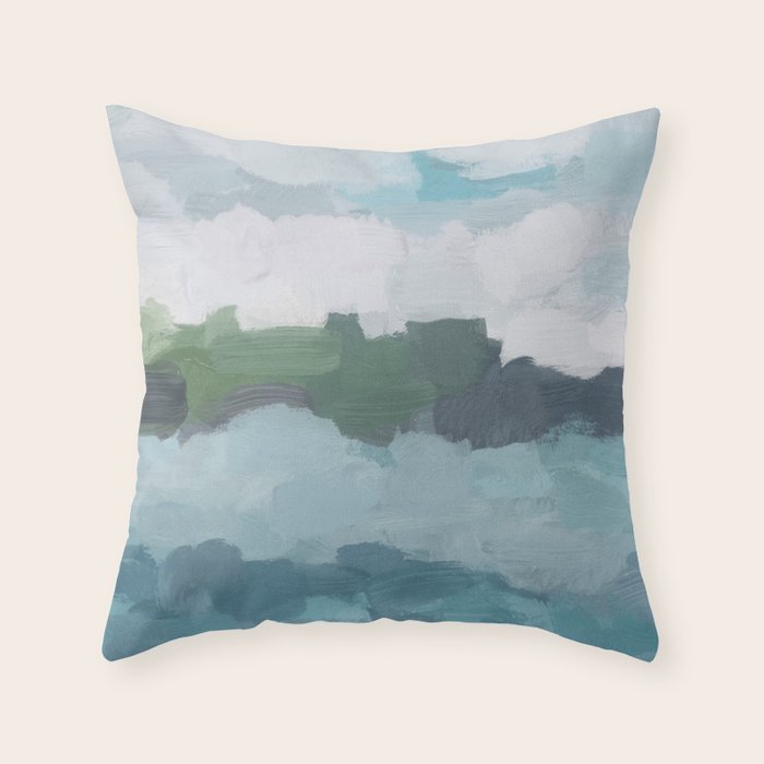 Island in the Distance II - Aqua Blue Green Navy Ocean Horizon Abstract Nature Coastal Painting Art Throw Pillow Gallery Image 1