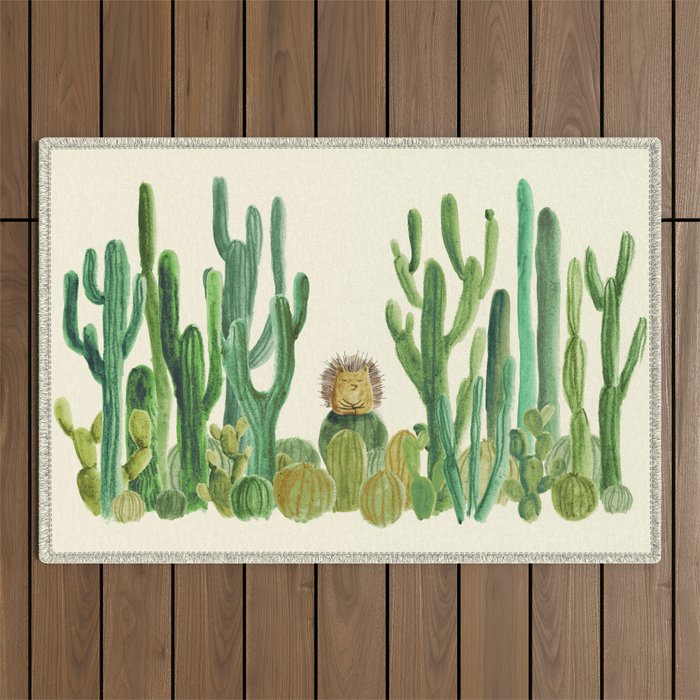 In my happy place - hedgehog meditating in cactus jungle Outdoor Rug Gallery Image 1