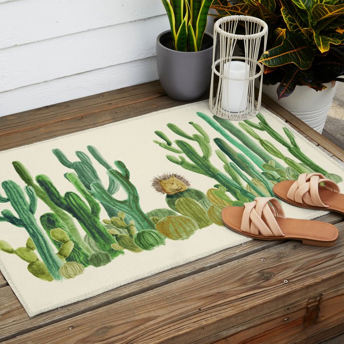 In my happy place - hedgehog meditating in cactus jungle Outdoor Rug Gallery Image 2