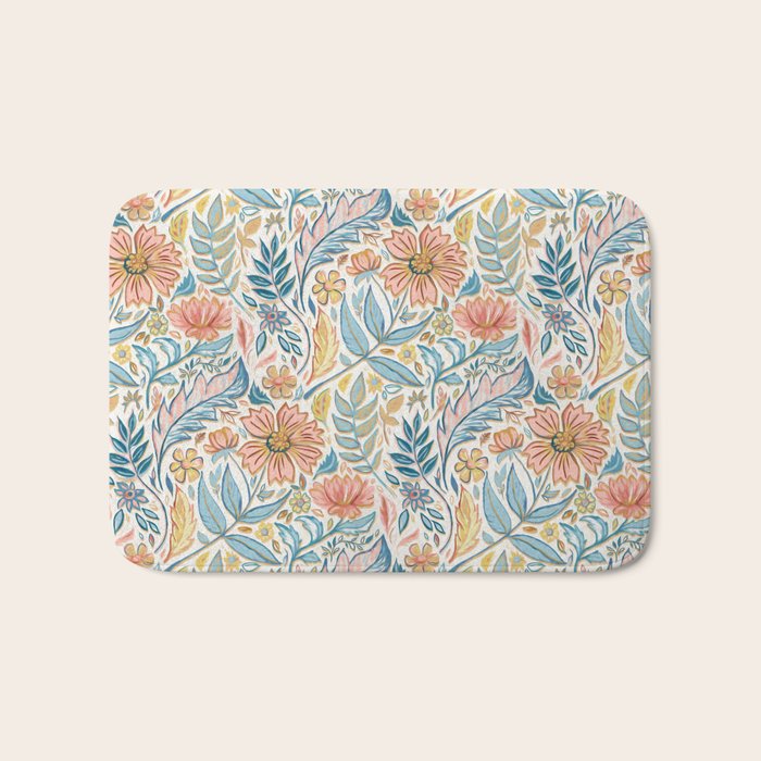 Soft Peach and Blue Art Nouveau Floral Bath Mat Gallery Image 1