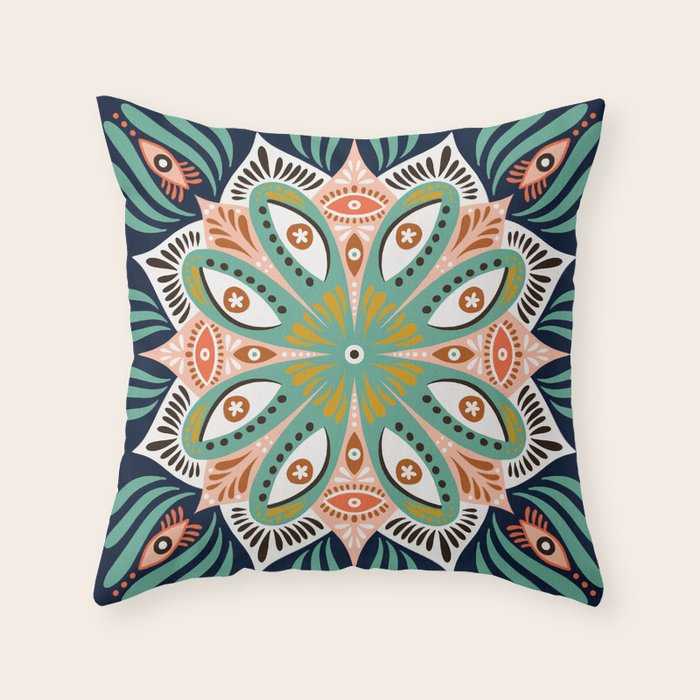 Floral Eye Mandala - Blue & Blush Throw Pillow Gallery Image 6