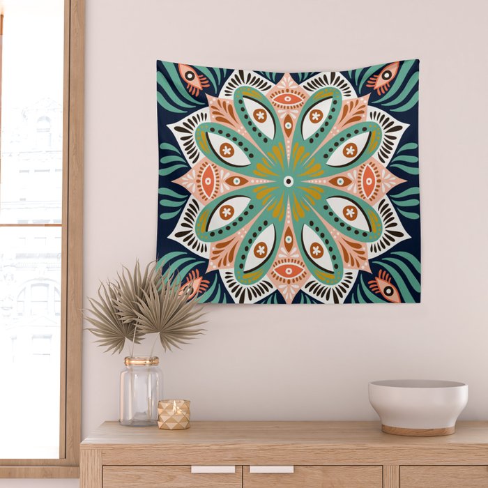 Floral Eye Mandala - Blue & Blush Wall Tapestry Gallery Image 2