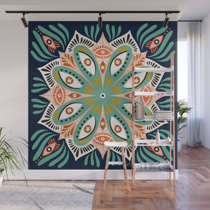 Floral Eye Mandala - Blue & Blush Wall Mural Gallery Image 1