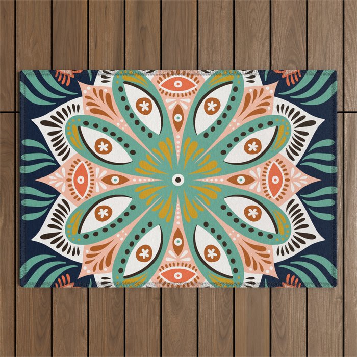 Floral Eye Mandala - Blue & Blush Outdoor Rug Gallery Image 1