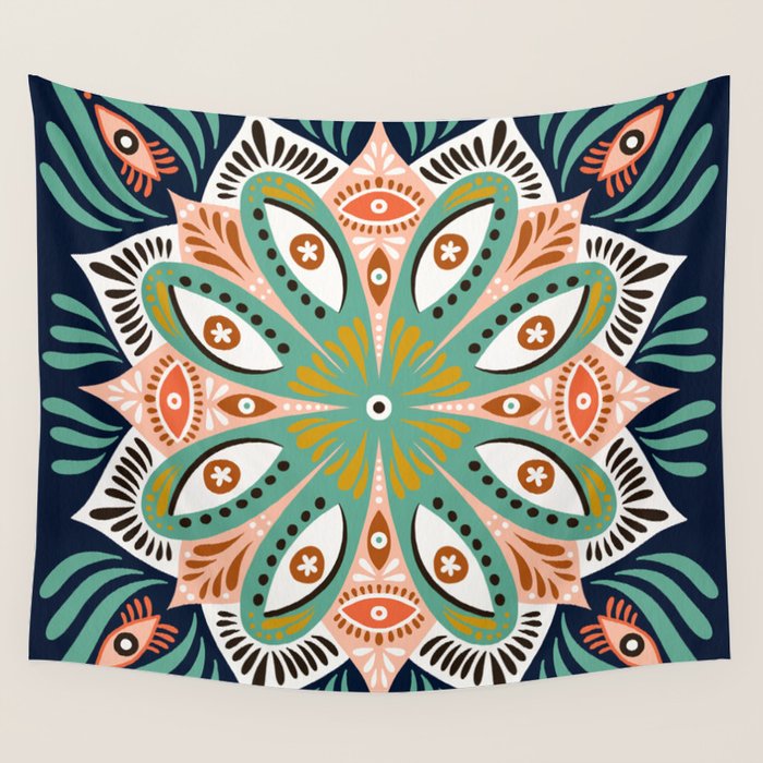 Floral Eye Mandala - Blue & Blush Wall Tapestry Gallery Image 1