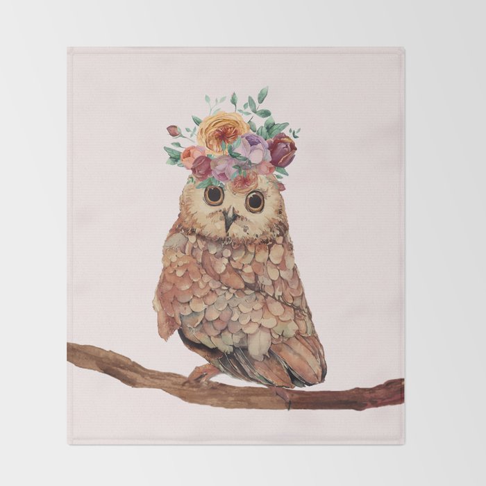 Owl with Flowers Throw Blanket Gallery Image 2