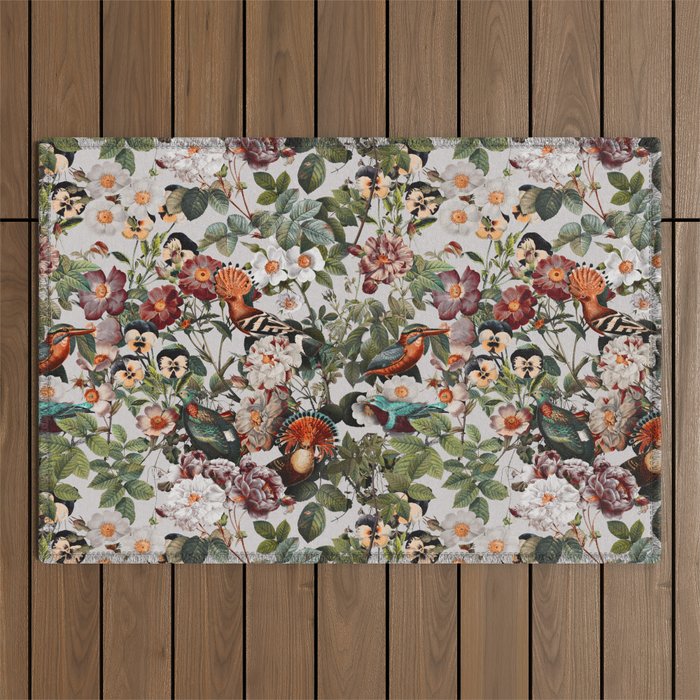 Floral Symphony with Birds Outdoor Rug Gallery Image 1