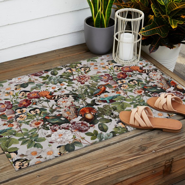 Floral Symphony with Birds Outdoor Rug Gallery Image 2