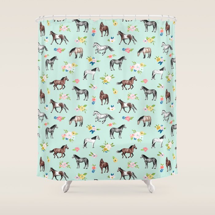 Horses and Small Flowers, Mint Blue, Horse Decor, Floral Print, Horse Art Shower Curtain Gallery Image 1