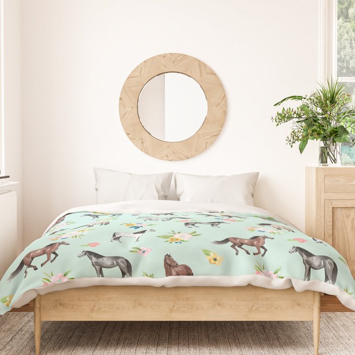 Horses and Small Flowers, Mint Blue, Horse Decor, Floral Print, Horse Art Duvet Cover Gallery Image 3