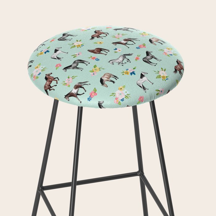 Horses and Small Flowers, Mint Blue, Horse Decor, Floral Print, Horse Art Stool Gallery Image 2