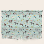 Horses and Small Flowers, Mint Blue, Horse Decor, Floral Print, Horse Art Wall Hanging Gallery Image 1