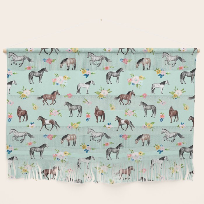 Horses and Small Flowers, Mint Blue, Horse Decor, Floral Print, Horse Art Wall Hanging Gallery Image 1