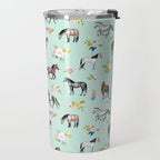 Horses and Small Flowers, Mint Blue, Horse Decor, Floral Print, Horse Art Travel Mug Gallery Image 2