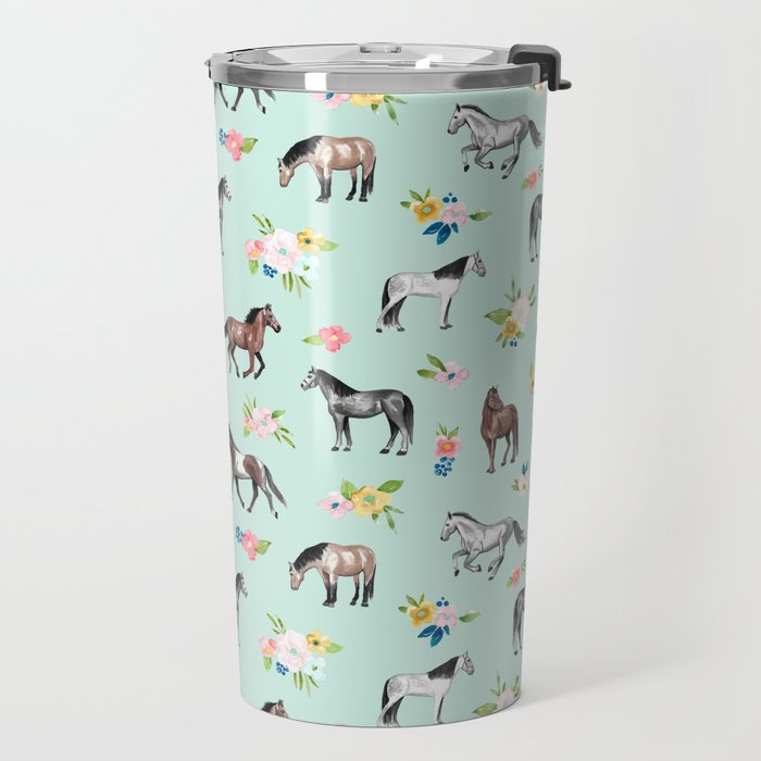 Horses and Small Flowers, Mint Blue, Horse Decor, Floral Print, Horse Art Travel Mug Gallery Image 2