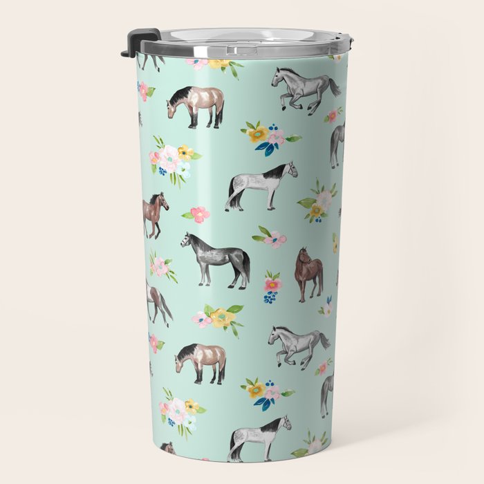 Horses and Small Flowers, Mint Blue, Horse Decor, Floral Print, Horse Art Travel Mug Gallery Image 3