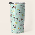 Horses and Small Flowers, Mint Blue, Horse Decor, Floral Print, Horse Art Travel Mug Gallery Image 3
