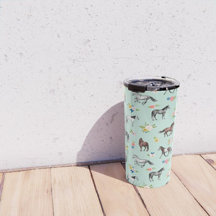 Horses and Small Flowers, Mint Blue, Horse Decor, Floral Print, Horse Art Travel Mug Gallery Image 4