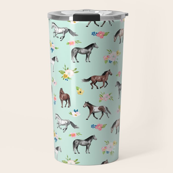 Horses and Small Flowers, Mint Blue, Horse Decor, Floral Print, Horse Art Travel Mug Gallery Image 1