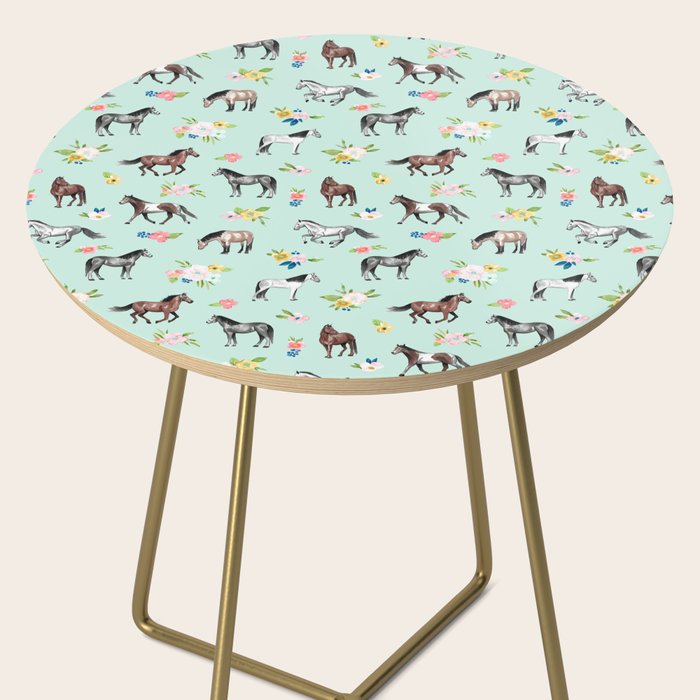 Horses and Small Flowers, Mint Blue, Horse Decor, Floral Print, Horse Art Side Table Gallery Image 2