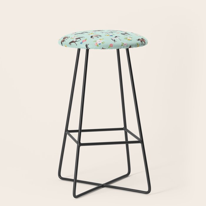 Horses and Small Flowers, Mint Blue, Horse Decor, Floral Print, Horse Art Stool Gallery Image 1