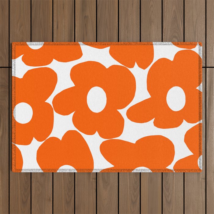 Orange Retro Flowers White Background #decor #society6 #buyart Outdoor Rug Gallery Image 1