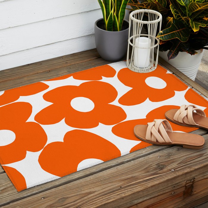 Orange Retro Flowers White Background #decor #society6 #buyart Outdoor Rug Gallery Image 2