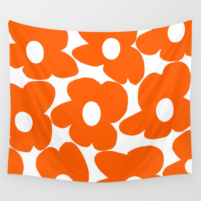 Orange Retro Flowers White Background #decor #society6 #buyart Wall Tapestry Gallery Image 4