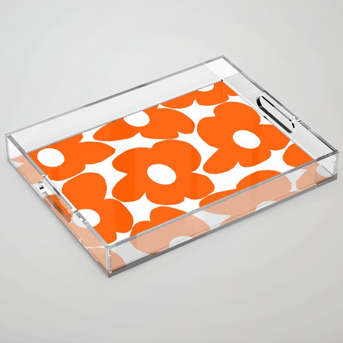 Orange Retro Flowers White Background #decor #society6 #buyart Acrylic Tray Gallery Image 1
