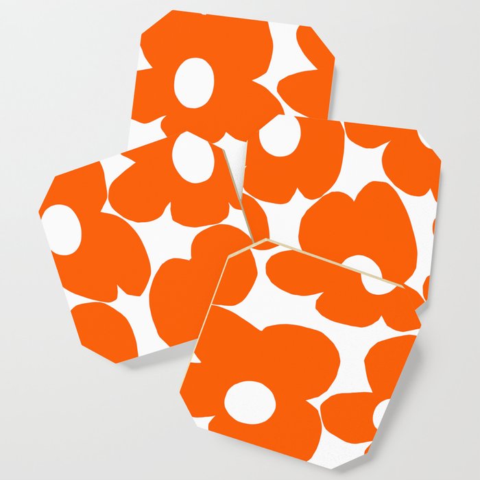 Orange Retro Flowers White Background #decor #society6 #buyart Coaster Gallery Image 1