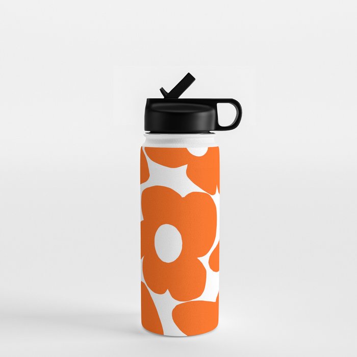 Orange Retro Flowers White Background #decor #society6 #buyart Water Bottle Gallery Image 1
