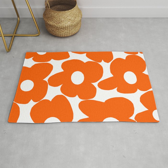 Orange Retro Flowers White Background #decor #society6 #buyart Rug Gallery Image 1