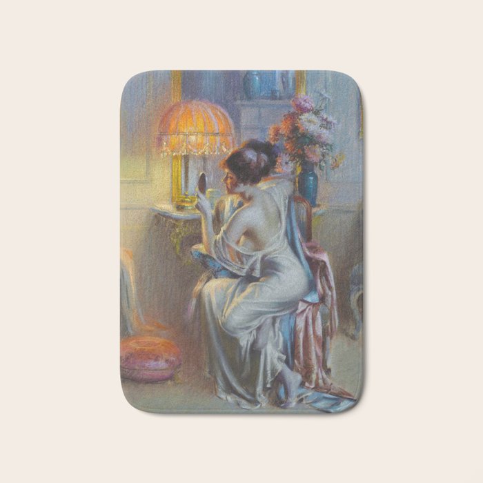 The looking glass colorful female portrait still life painting by Delphin Enjolras  Bath Mat Gallery Image 1