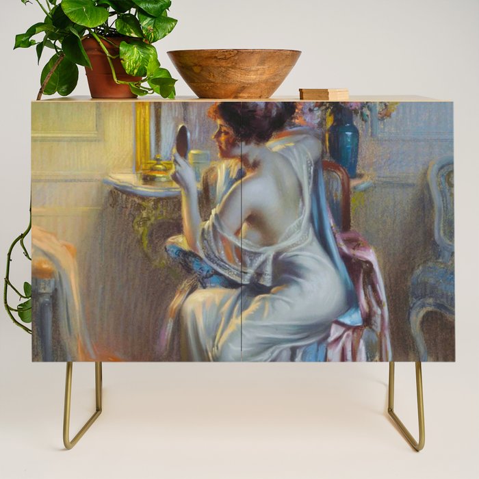 The looking glass colorful female portrait still life painting by Delphin Enjolras  Credenza Gallery Image 1