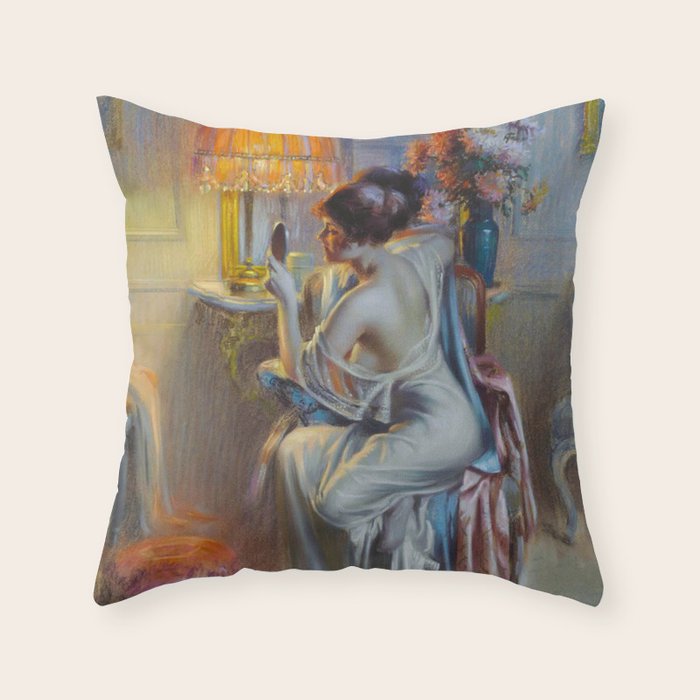 The looking glass colorful female portrait still life painting by Delphin Enjolras  Throw Pillow Gallery Image 6