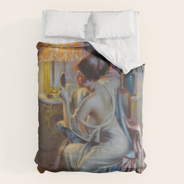 The looking glass colorful female portrait still life painting by Delphin Enjolras  Duvet Cover Gallery Image 6
